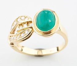 18k Yellow Gold Emerald Cabochon Ring Diamonds Sz 7.75 Beautiful - £987.84 GBP