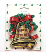 Super Teacher Christmas Bell Pin Potpourri Press 1994 Wooden Holiday Bro... - $240.11 MXN