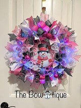 Handmade Bright Top Hat Snowman Holiday Ribbon Door Wreath 22 ins W68 Pink Black - £60.24 GBP