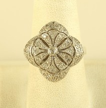 Vintage Sterling Silver Floral Puff Ornate Diamond  pave Engagement Ring - £97.47 GBP