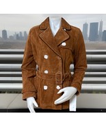 Y2K Suede Leather Trench Coat Womens M Belted Double Breasted Chestnut B... - €143,27 EUR