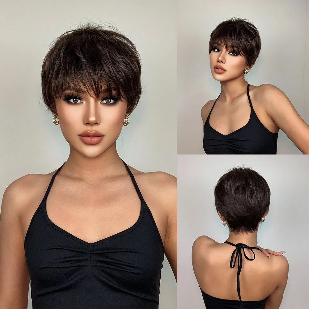 HENRY MARGU Short Brown Dark Synthetic Wigs Black Natural Fluffy Pixie Cut W - £8.89 GBP+