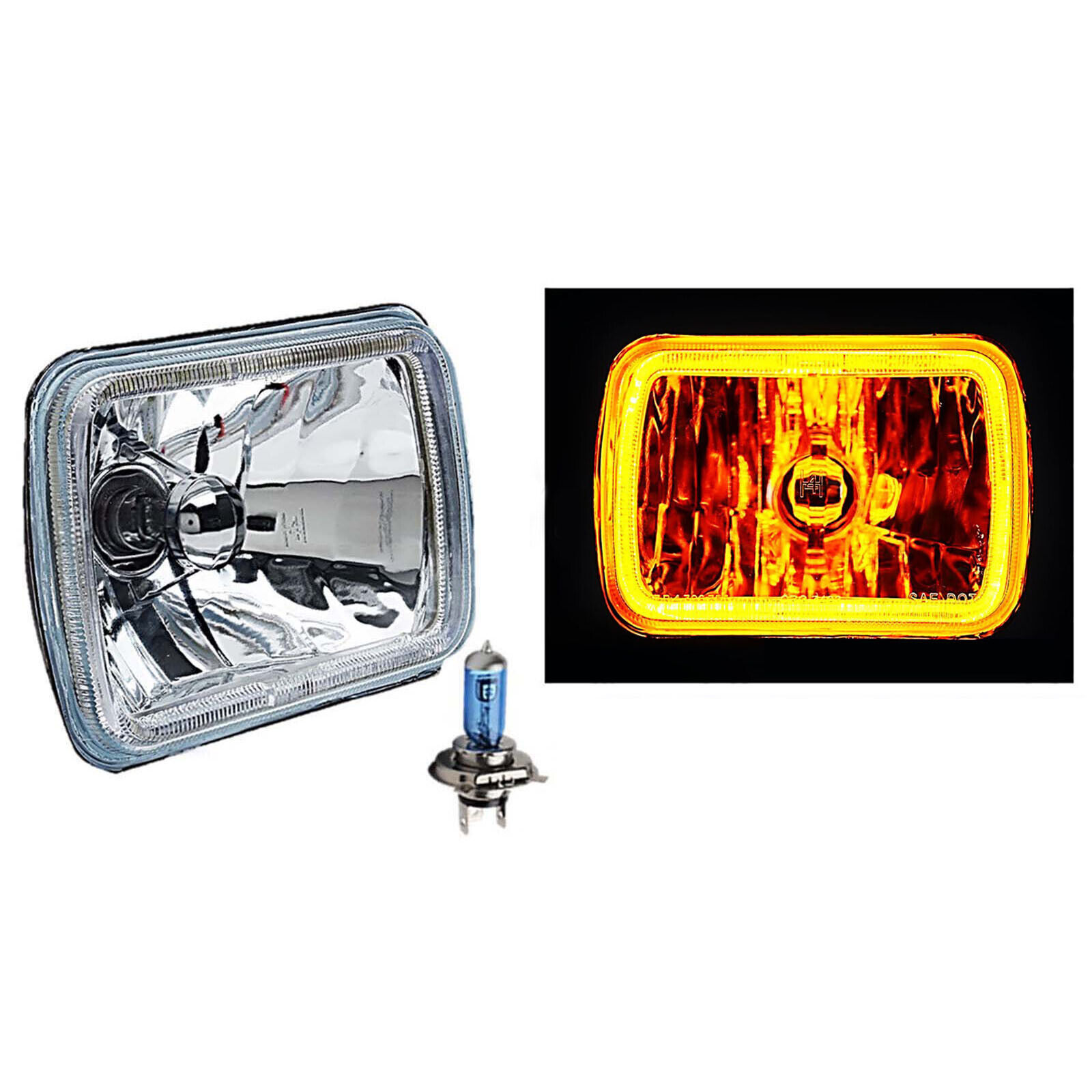 Pair Of 7x6" Red LED Halo Angel Eye Headlights - Crystal Clear, H4 Bulb, For 5x7" Housing
