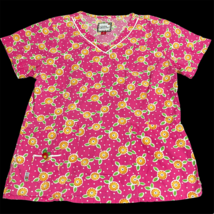 Mary Engelbreit Pink Floral Flower Scrub Top Shirt Medium Nurse Vet Tech Xray - £14.38 GBP