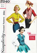 Misses' BLOUSE and WESKIT Vintage 1950's Simplicity Pattern 2240 Size 14 - £9.42 GBP