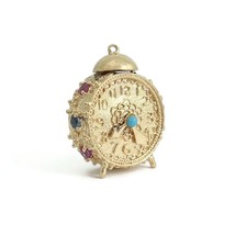 Vintage 1950&#39;s Ruby Sapphire Moveable Alarm Clock Charm 14K Yellow Gold,... - £1,195.03 GBP
