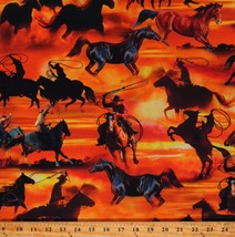 Cotton Southwestern Horses Lassos Sunsets Orange Fabric Print by Yard D466.64 - £12.50 GBP