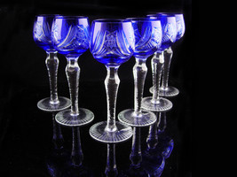 Vintage Cut to clear goblet 6 pieces bohemian blue glass Liqueur wine cordials - £255.56 GBP