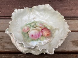 Antique RS PRUSSIA Blown Out Leaf Mold Porcelain Bowl Painted Flowers W@W - £118.95 GBP