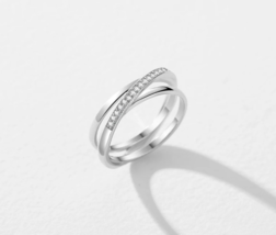 925 Sterling Silver Tri-Band Smooth Pave Crossover Ring - £28.32 GBP