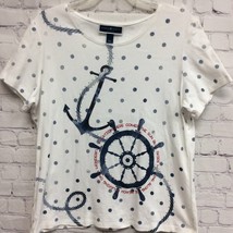 Karen Scott Womens T-Shirt White Blue Polka Dot Nautical Sequin Scoop Pe... - $15.35