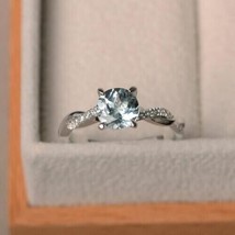 14k White Gold Plated 2.1Ct Round Simulated Aquamarine Engagement Solitaire Ring - £92.76 GBP