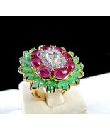 ROSE CUT SOLITAIRE DIAMOND EMERALD LEAVES RUBY CABOCHON 18K GOLD STATEME... - £5,818.69 GBP