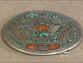William Singer Navajo Eagle Silver Turquoise &amp; Coral Chip Inlay Belt Buckle - £95.05 GBP