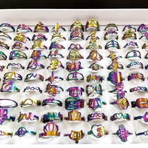 50pcs Women&#39;s TOP design Mix Trendy Rainbow Cut Rings Stainless Steel Party Jewe - £25.37 GBP