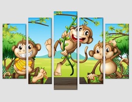 Cartoon Monkeys Illustration Print on Canvas Kids Room Decor Monkeys Wall Art Nu - £38.53 GBP