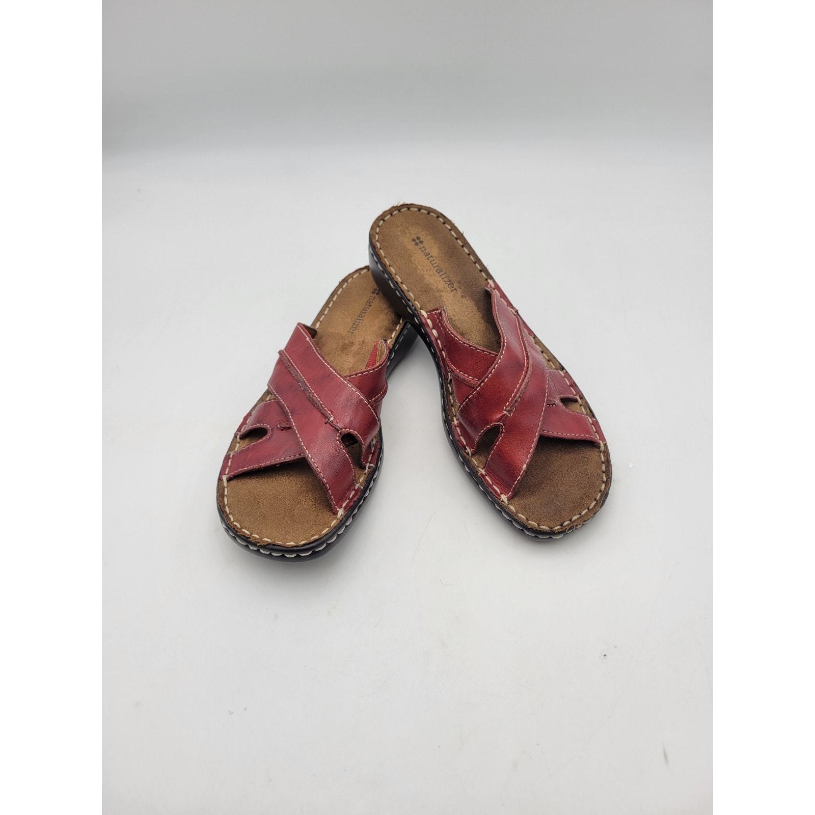 Naturalizer Sandals Women's SZ 7M Slides Brown Red Leather Flats Open Toe Shoe Item image 2