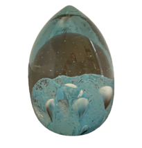 Paperweight Art Glass Egg Shaped Clear  with Light Blue Design &amp; Teardrops - $23.24