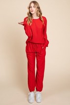 Super Lady Full Size Crinkle Check Round Neck Top and Pants Lounge Set - $45.64
