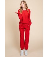 Super Lady Full Size Crinkle Check Round Neck Top and Pants Lounge Set - $45.64
