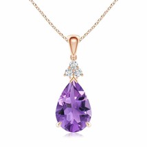 ANGARA Claw-Set Amethyst Drop Pendant with Trio Diamonds in 14K Solid Gold - £504.70 GBP