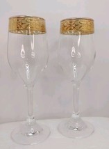 Marcello Aglieri Wine Glasses 24kt Gold Encrusted Band w/Optic Panels lo... - $29.69