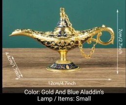 Vtg Aladdins Sm 4.7&quot;Magic Genie Wish Lamp Metal Gold+Blue Decorative Col... - £2.38 GBP