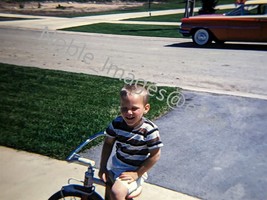 1961 Boy Tricycle &#39;59 Oldsmobile Station Wagon Suburban Kodachrome Color Slide - £4.29 GBP