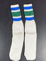 Vintage Tube socks 18&quot; Long 2 color 3 stripes Green Blue Knit Over the C... - £7.37 GBP