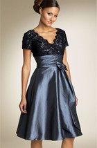 JS BOUTIQUE Cap Sleeve Lace &amp; Taffeta Dress Sz 14 Blue Steel - $87.12