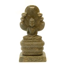 Seated Naga Budha Statue With Mucalinda and 7 Cobra Carved Green Soapsto... - $495.00