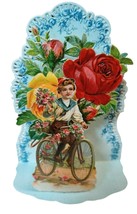 Antique Die Cut Valentine Card Child on Bicycle Roses Embossed Made in G... - $25.69