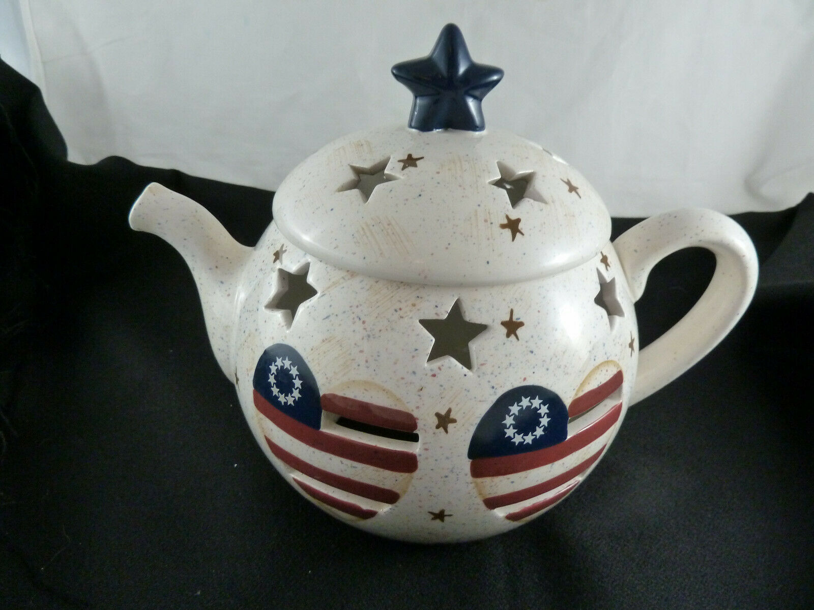 Home Interiors Stars and Stripes Tea Pot tea lite Candle Cover Homeco Patriotic - $15.83