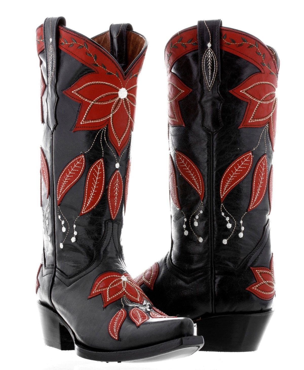 Primary image for Womens Black Leather Cowboy Boots Floral Embroidered Summer Western Snip Toe