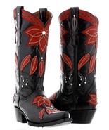 Womens Black Leather Cowboy Boots Floral Embroidered Summer Western Snip... - £85.32 GBP