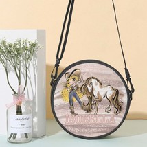 Round Satchel Bag, Howdy, Cowgirl and Horse, Blonde Curly Hair, Brown Eyes, Pers - £28.00 GBP