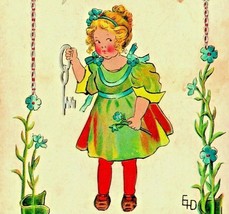 Adorable Girl Holding Key w Hanging Locks Embossed Valentine&#39;s Day Postcard UNP - $12.42