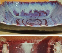 Art Pottery Bowl 11&quot;x9&quot; red blue flambe drip pinched feet Vintage Raku s... - $103.49