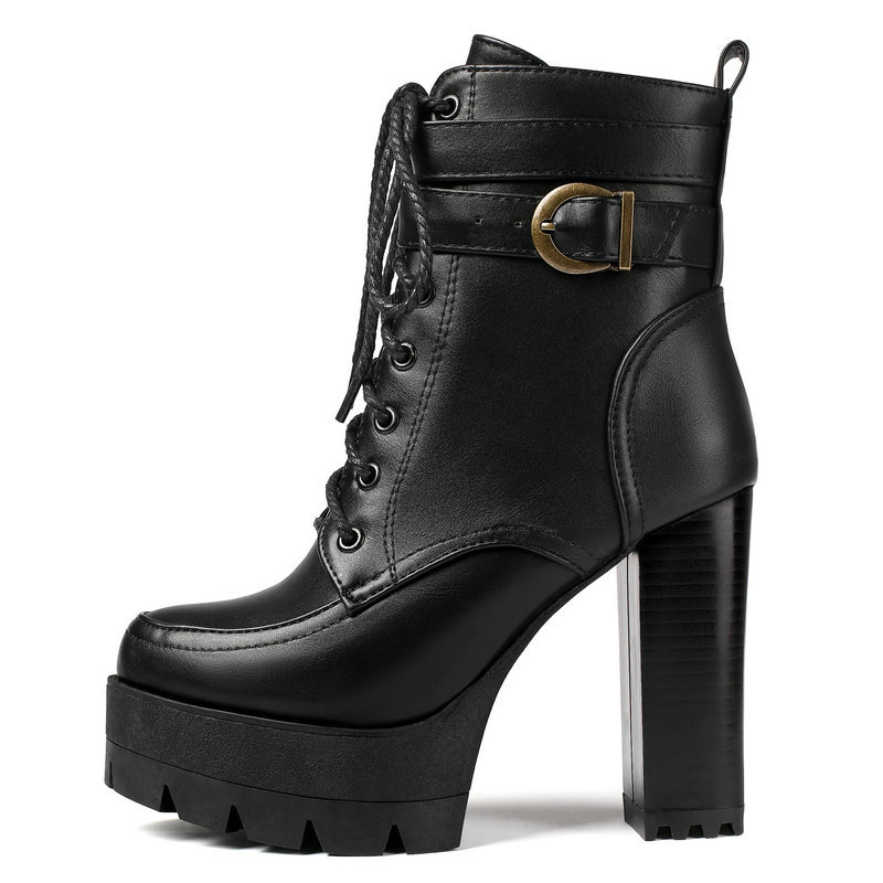 Fashion Platform Women Boots Square High Heel Ankle Boots Lace Up ...