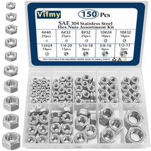 150-Piece SAE Hex Nut Assortment Kit, 304 Stainless Steel Hardware Nuts - $13.53