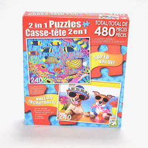480 Piece 2 in 1 Jigsaw Puzzles Angel Fish Family Funny Dogs Drinking Co... - $14.84