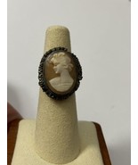 Vintage 800 Silver Shell Cameo Ring Size 6 Left Facing Filligree - £32.99 GBP