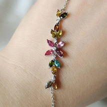 Natural Tourmaline Flower Shape Charm Bracelet, Anniversary Gift For Woman - £62.87 GBP