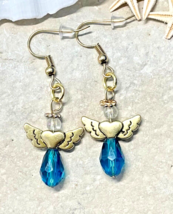 Women&#39;s Teal Green Gold ANGEL Earrings Faceted Glass Crystal Beads French Hooks - £6.50 GBP