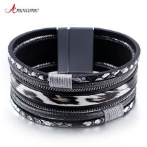 Amorcome Black White Leopard Leather Bracelets for Women 2021 Boho Ladies Bohemi - £9.72 GBP