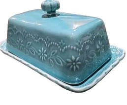 Pioneer Woman ~ TONI ~ Stoneware ~ Embossed ~ Teal ~ Covered Butter Dish - $644.37 MXN