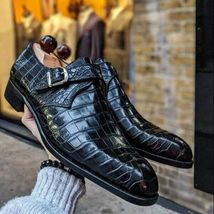 Handmade Black Alligator Crocodile Men Leather Single Monk Strap Dress Shoes - £143.45 GBP