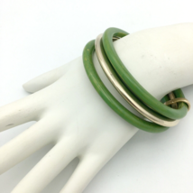 BAKELITE green &amp; gold-tone spacer bracelet - 3 vintage marbled joined bangles - £27.97 GBP