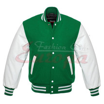Premium Varsity Green Wool Letterman Jacket Real White Leather Sleeves - £53.48 GBP