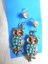 Owl Earrings Red Rhinestone Eyes Faux Turquoise Stones Silver Tone Wires... - £10.38 GBP